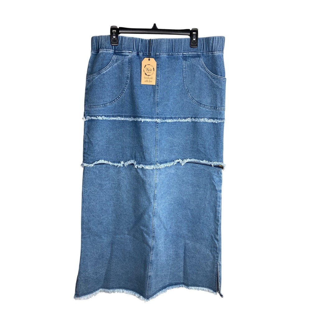 A Rare Bird Convertible Denim Skirt Frayed Hem Pockets Elastic Waist Casual M/L‎